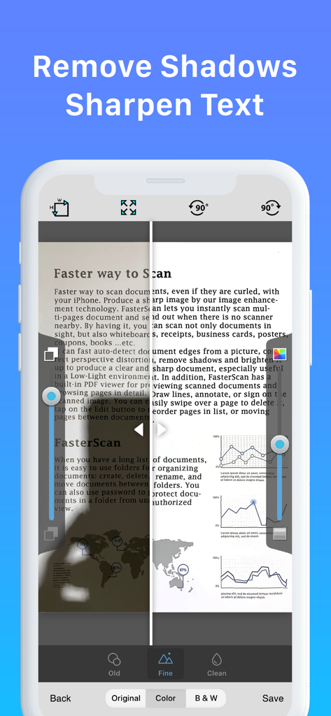 A side-by-side comparison of a scanned document in the Faster Scan app demonstrating shadow removal and text sharpening features.