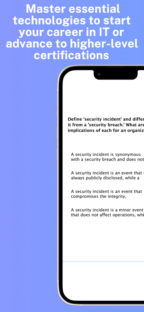 A mobile app interface displaying a practice exam question about IT security incidents.