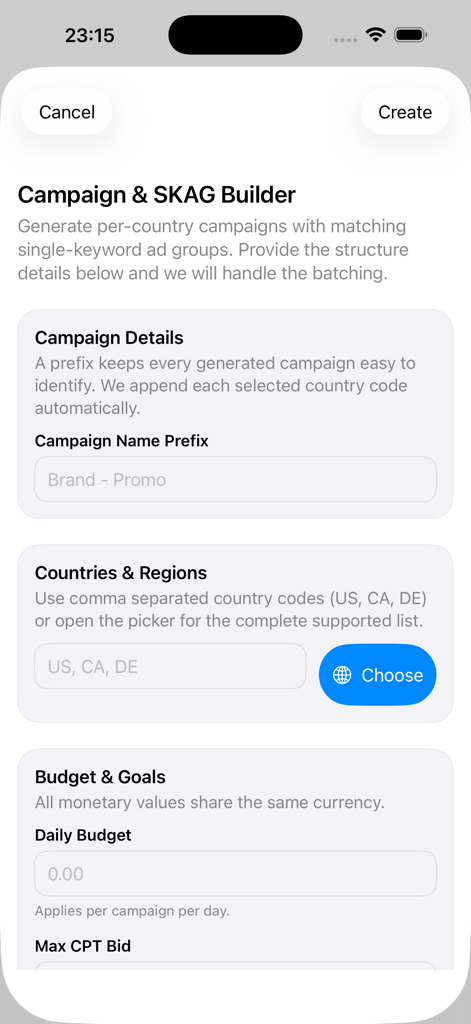 Monitor and Manage Search Ads - Interfaz de la herramienta Campaign and SKAG Builder dentro de la aplicación de gestión de anuncios de búsqueda