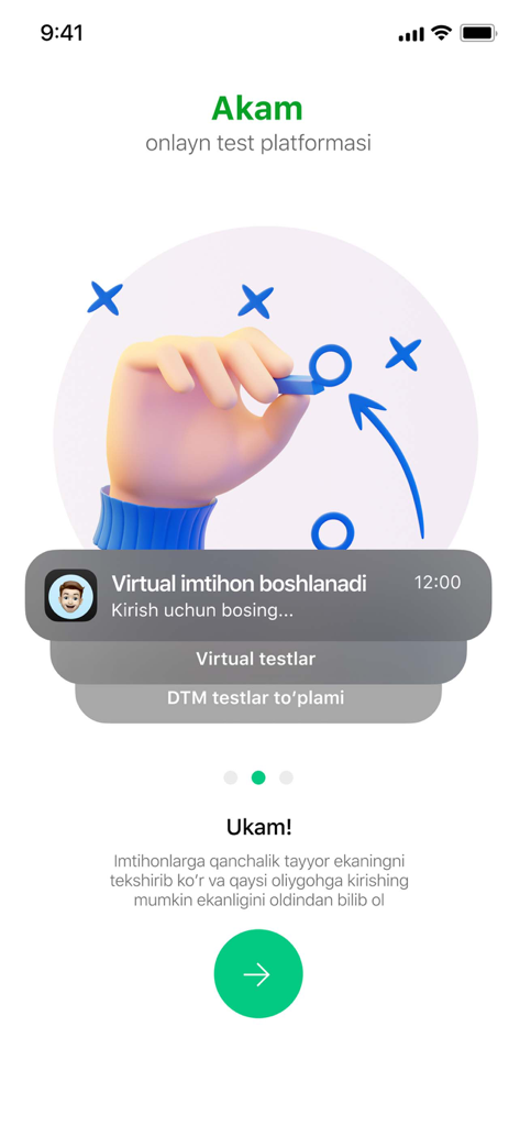 Akam - Onlayn testlar - Welcome screen of the Akam online test platform for exam prep