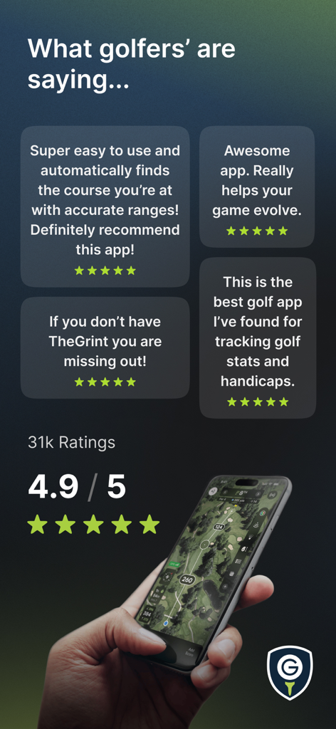 TheGrint: Golf GPS & Scorecard - TheGrint 골프 앱에 대한 긍정적인 사용자 리뷰와 별 4.9개 평점을 보여주는 스크린샷