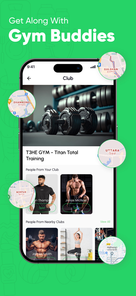 Fitsomnia: AI Fitness App - Fitsomnia Mobile App-Oberfläche, die lokale Fitnessstudio-Mitglieder und die Spot-Funktion zum Finden von Trainingspartnern anzeigt