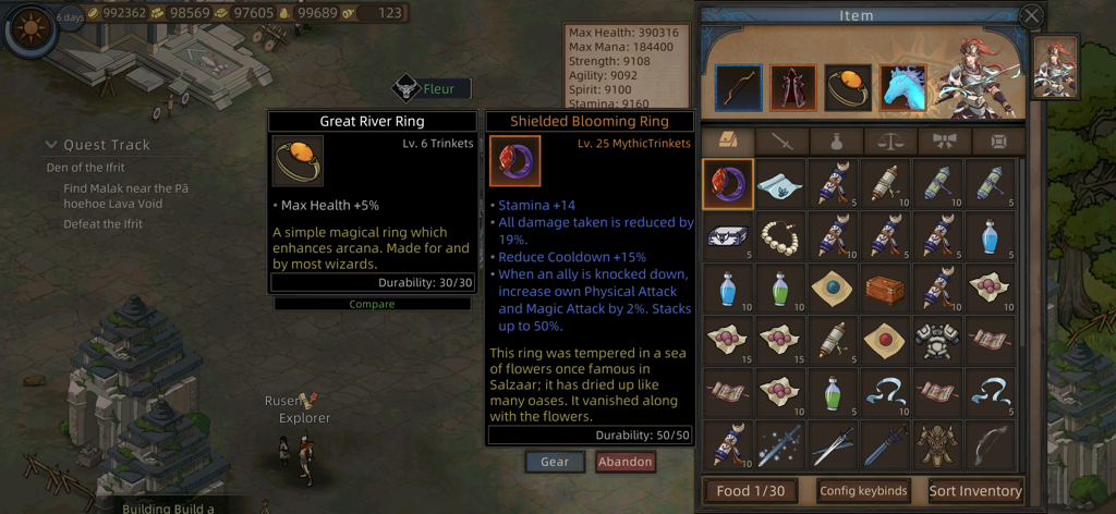 Sands of Salzaar - Sands of Salzaar inventory screen showing item comparison and character stats