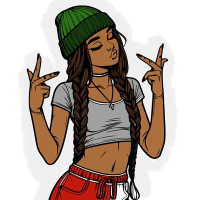 realistic teenage girl with braids and a beanie and crop top doing 🫶🏼