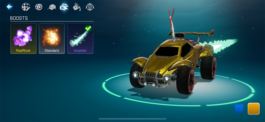 Rocket League Sideswipe - Menú de garaje de Rocket League Sideswipe mostrando opciones de personalización de propulsores de coche y un vehículo dorado
