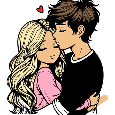 a realistic couple boy and girl hugging and kissing