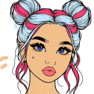 realistic girl with two buns on her hair and lips