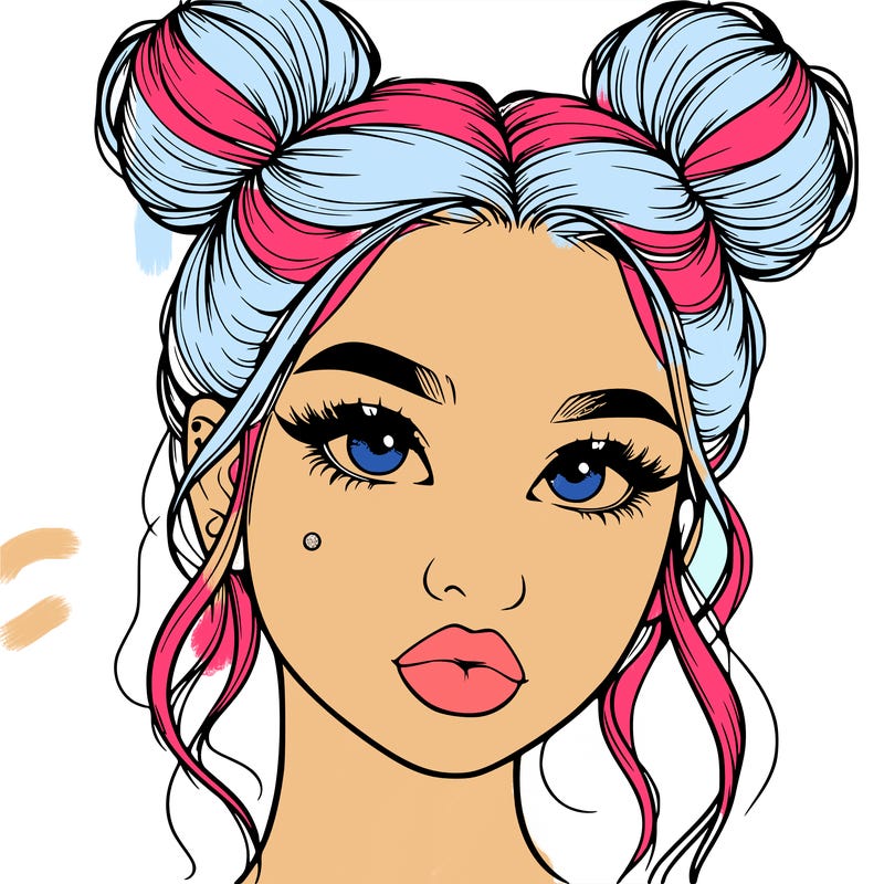 realistic girl with two buns on her hair and lips