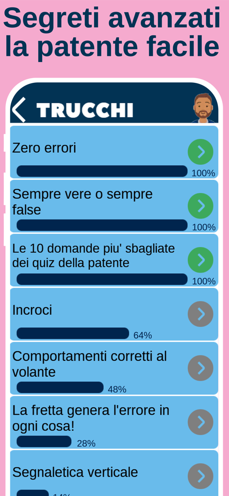 Quiz Patente B - Drivoo - Italian driving test app tips and tricks menu with progress tracking