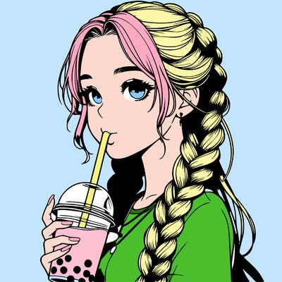 realistic girl with braided hair drinking boba