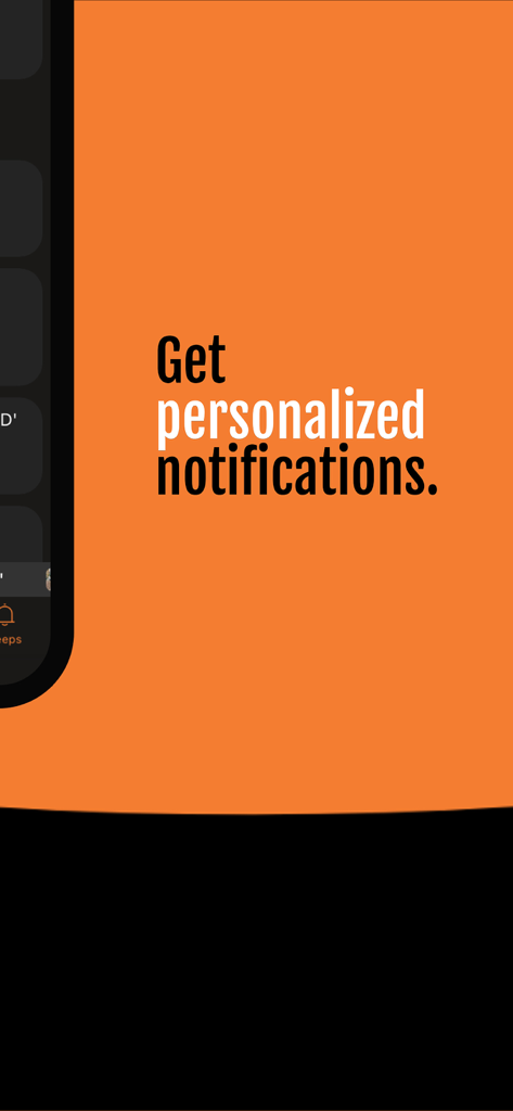 Promotional screen for BEEPR app with the text Get personalized notifications on an orange background