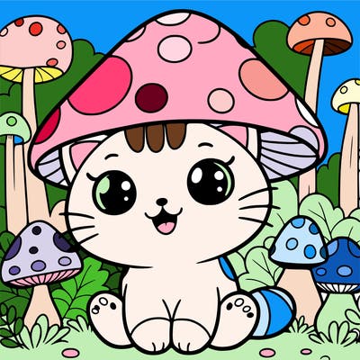 mushroom kitty in mushroom forest