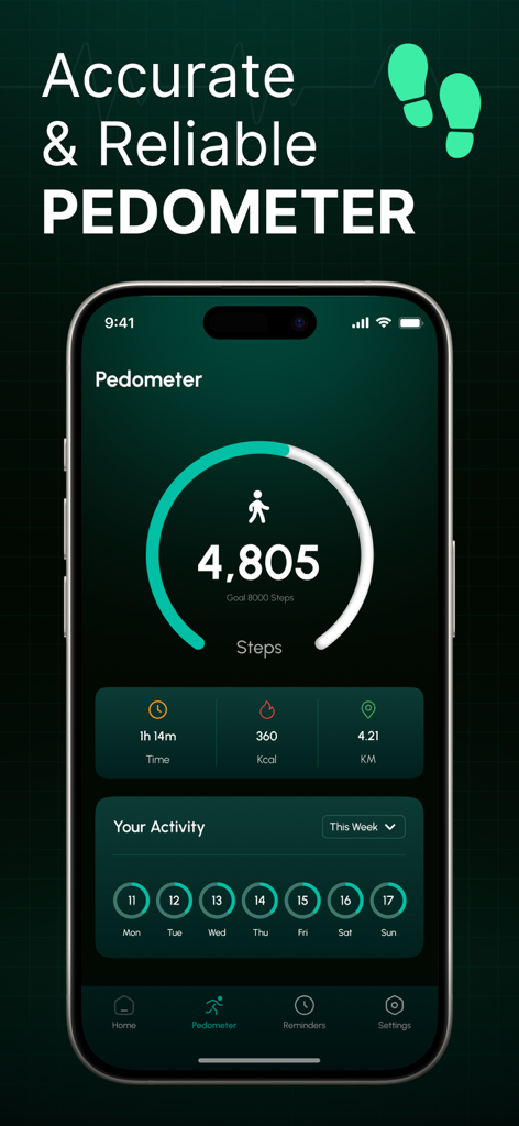 Blood Pressure & Heart Monitor - Mobile app interface showing daily step count and calories burned on a pedometer screen.