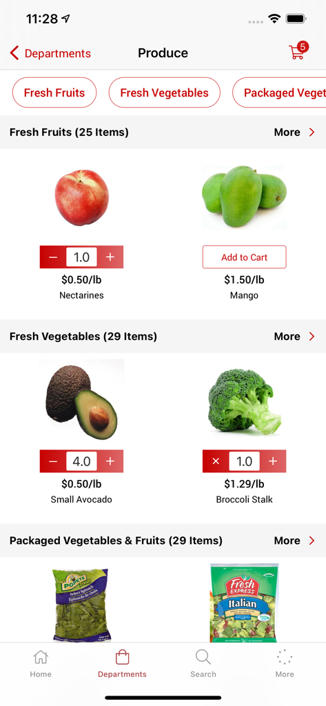 The Meat Market - The Meat Market 앱의 농산물 섹션으로 가격과 장바구니 담기 버튼이 있는 신선한 과일과 채소를 보여줍니다