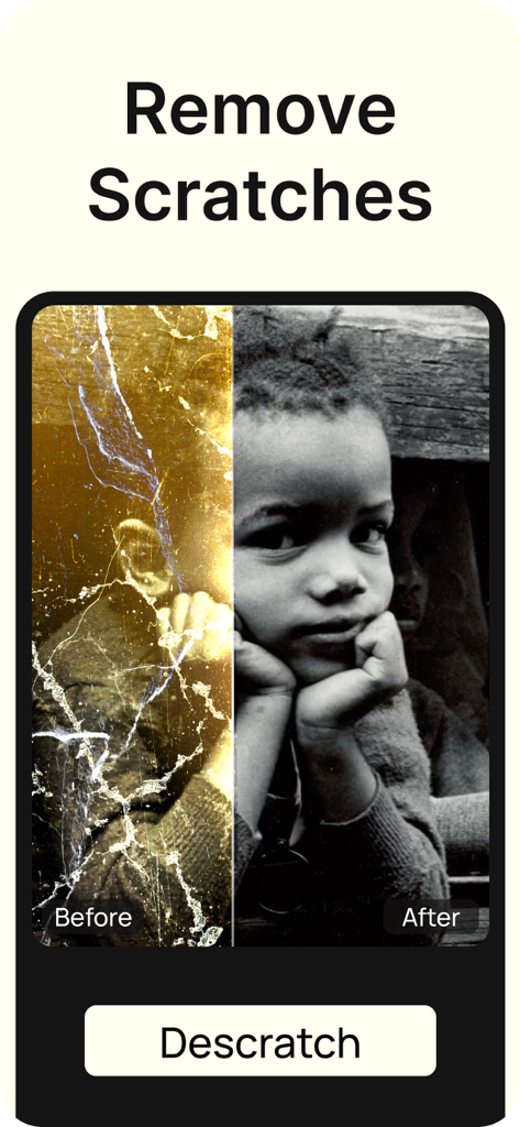 Renew - Restore Old Photos AI - A before and after comparison of an old black and white photo being repaired to remove scratches and damage