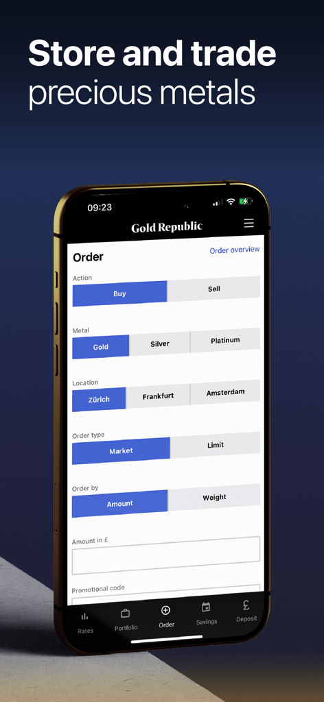L'écran de commande de l'application mobile GoldRepublic pour le trading d'or, d'argent et de platine physiques.