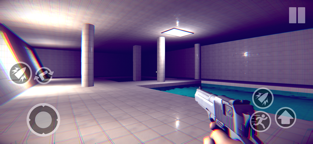 Loop Forest Grandpa in Forest - First-person view of a handgun in a white-tiled backrooms pool room with mobile game controls