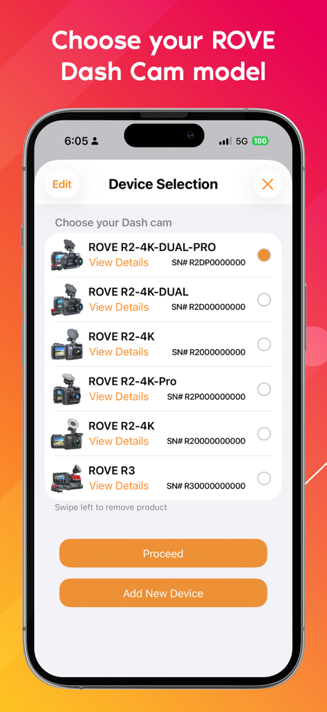 Rove Dash Cam - Rove Dash Cam app screen showing a list of compatible dash cam models for device selection and pairing