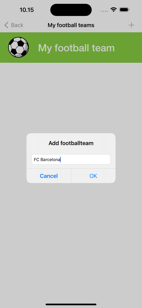 A popup window in the My Football Teams app for adding a new team named FC Barcelona