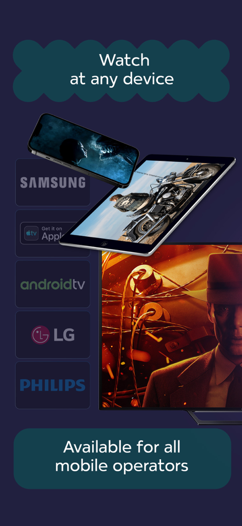 Kyivstar TV app displayed on various devices including smartphone tablet and smart TV showing compatibility with different platforms