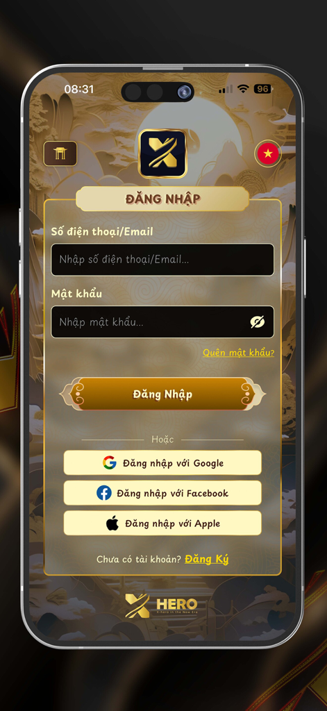 Xhero - Xheroアプリのログイン画面。ソーシャルログインボタンと豪華な伝統的なデザインがあります