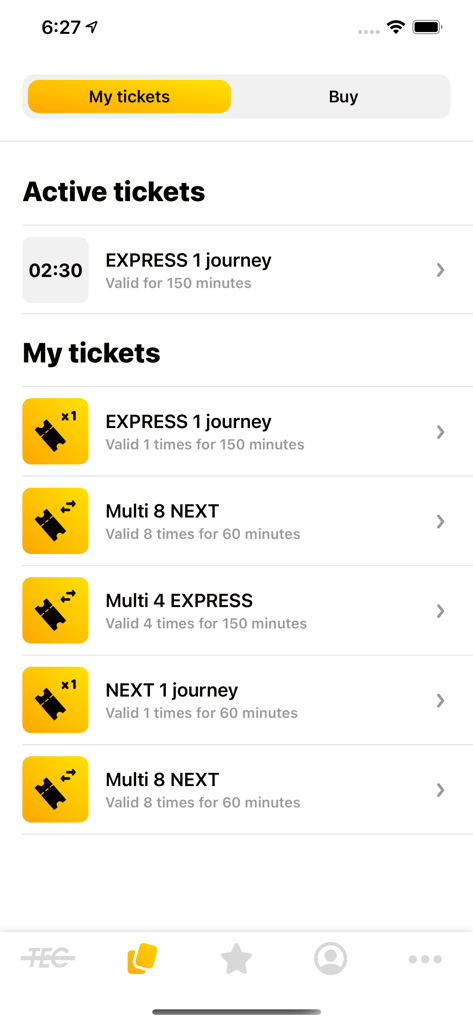 Digital wallet view in the TEC app displaying active and available bus and tram tickets