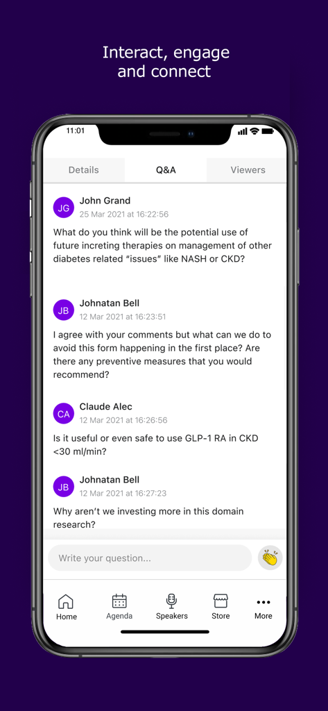 Sanofi Events & Congresses - A mobile app interface displaying the Q&A section of the Sanofi Events and Congresses app where participants interact and ask medical questions.