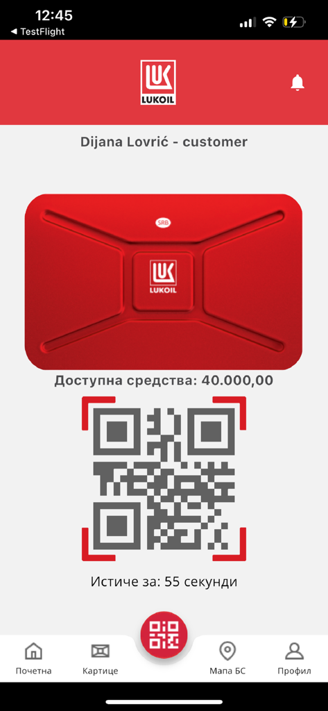 LUKOIL SRBIJA FLEET - Mobile app screen for LUKOIL SRBIJA FLEET showing a red virtual corporate fuel card and a QR code for contactless payments