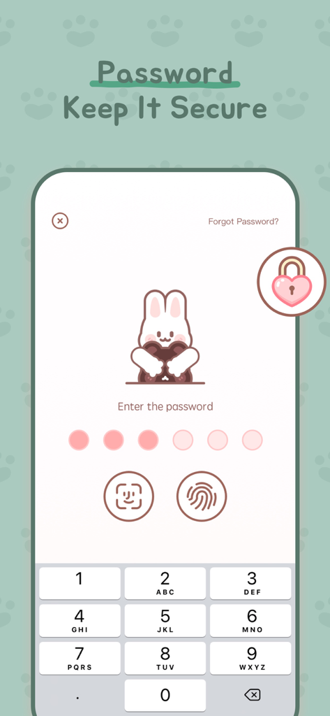 My Diary With Lock - Una interfaz segura de entrada de contraseña para la aplicación Mi Diario Con Bloqueo con un personaje de conejito lindo y opciones de inicio de sesión biométrico
