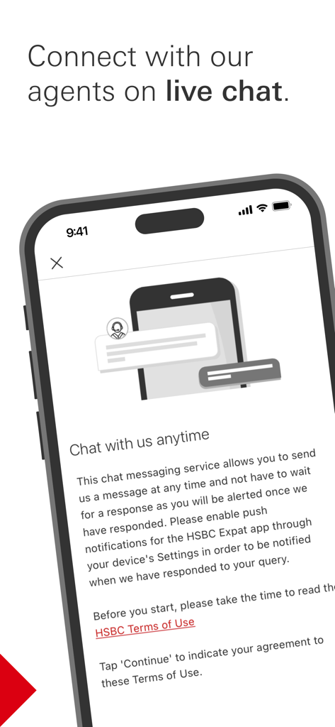 HSBC Expat - Screen of HSBC Expat app showing the 24/7 live chat interface for international customer support.