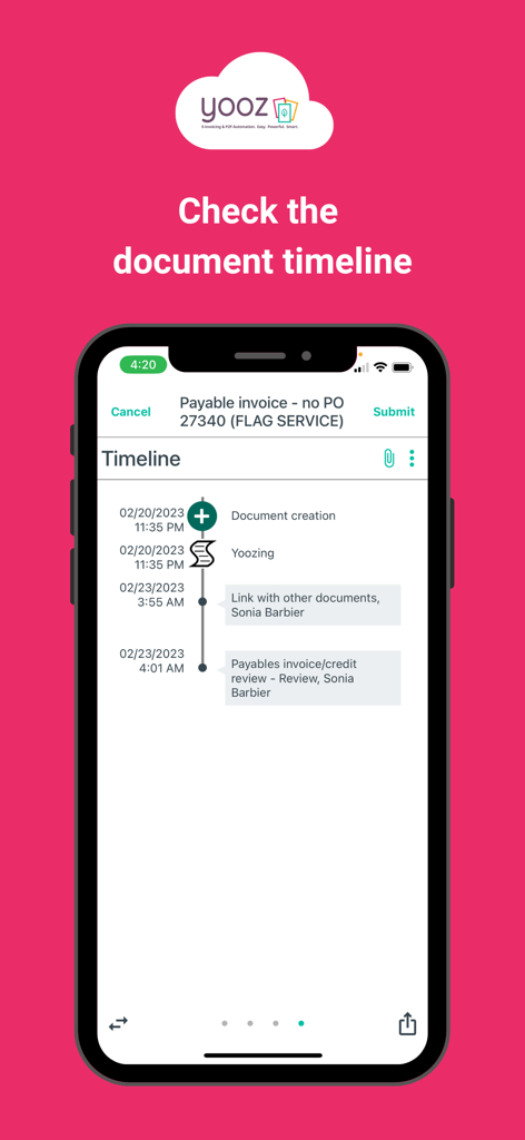 YoozMobile Rising - Mobile screen of the YoozMobile app showing a chronological timeline of an invoice including document creation and review steps