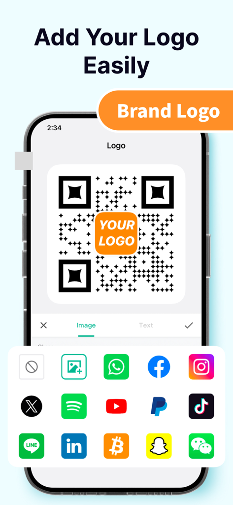 QR-Code Generator & QR Maker - Interfaccia dell'app mobile per aggiungere loghi di brand a codici QR personalizzati.