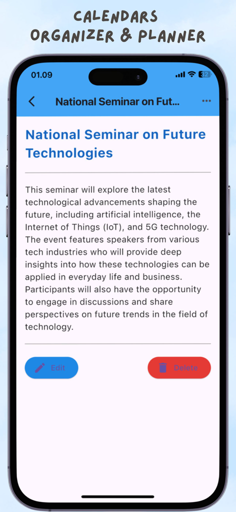 Calendars: Organizer & Planner - Eine detaillierte Ereignisnotiz für ein Seminar in der mobilen App-Oberfläche des Kalenderorganisators und Planers.