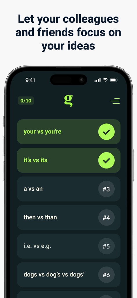 Grammar Fix - 文法修正モバイルアプリのインターフェース。your vs you'reやits vs itsのような一般的な文法の間違いのリストが表示されています。