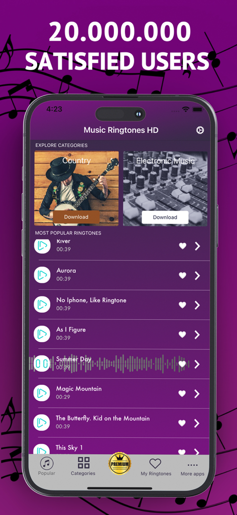 Best Ringtones 2026 app interface displaying popular music categories and trending tracks for iPhone