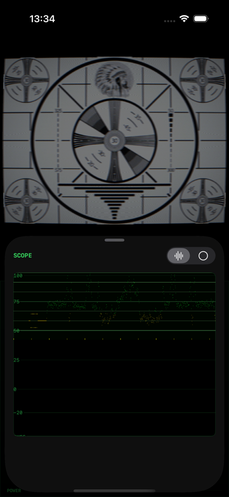 AnalogTV - AnalogTV app interface showing a vintage television test pattern and a technical signal waveform scope