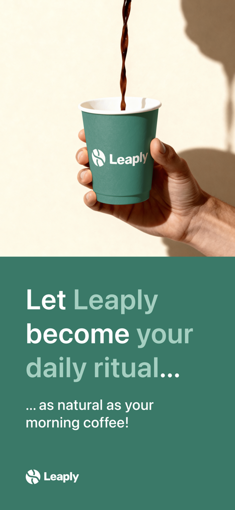 A hand holding a Leaply branded coffee cup while coffee is being poured into it