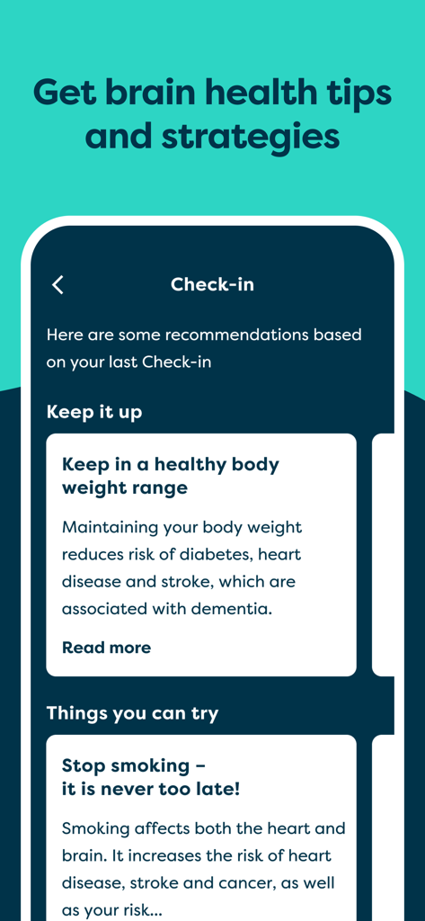 BrainTrack - BrainTrack app screen showing personalized health recommendations and strategies for cognitive wellness.