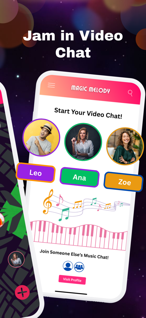 Magic Melody+ - Magic Melody app interface showing a video chat feature to jam with others online featuring user profiles and a musical keyboard.