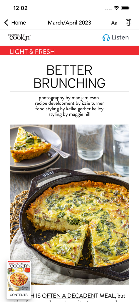 Louisiana Cookin' - Louisiana Cookin app digital magazine page featuring a Better Brunching article with a skillet recipe
