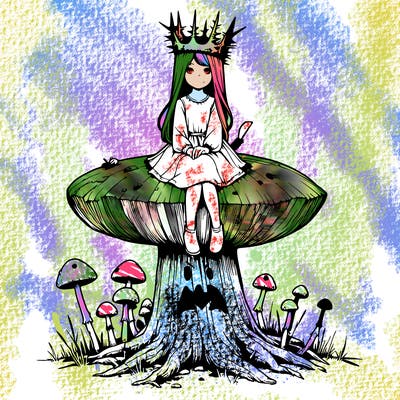 realistic girl sitting on a huge tree stump size toadstool with thorn crown
