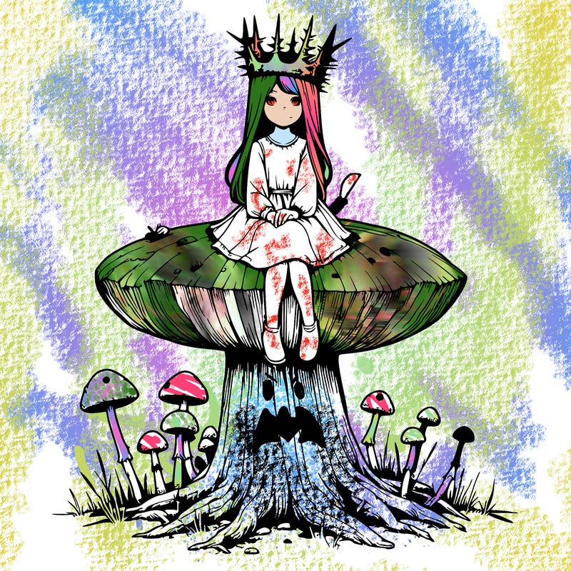 realistic girl sitting on a huge tree stump size toadstool with thorn crown