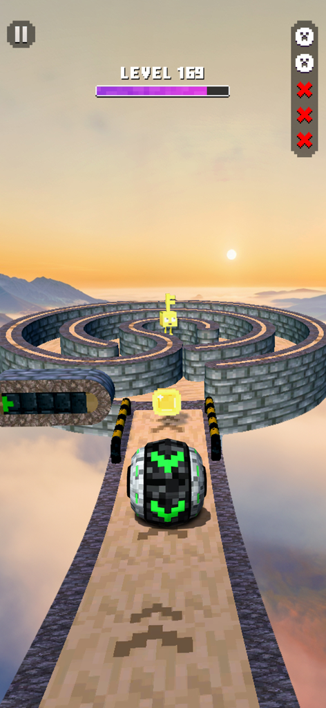 Super Rolling Ball Balance - A patterned ball rolls along a wooden path toward a circular stone maze in a sky setting with blocky graphics