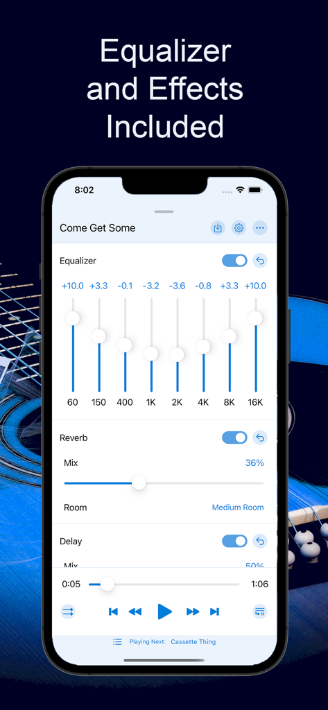 Interfaz de la aplicación Music Speed Changer mostrando un ecualizador gráfico de 8 bandas y ajustes de efectos de reverberación en un iPhone