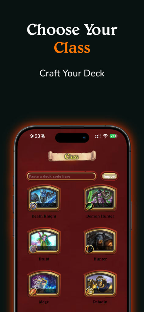 FindStone - HS Card Companion - FindStone app interface for selecting a Hearthstone class and importing deck codes