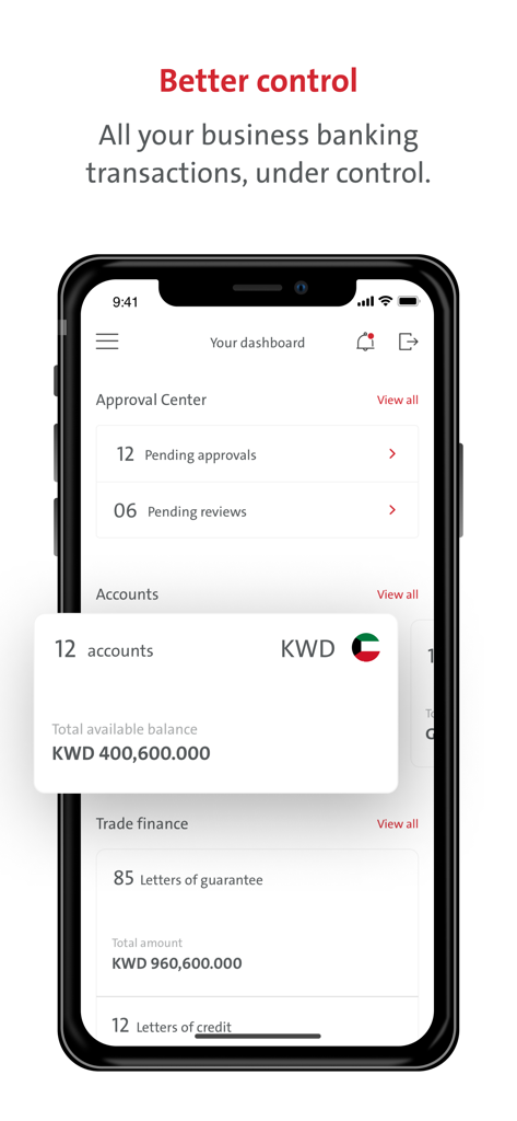 Boubyan Business - Boubyan Business app dashboard showing account balances and pending transaction approvals