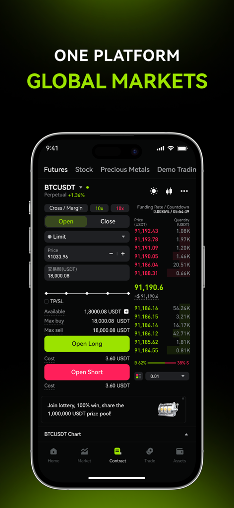 EasiCoin: Buy BTC & Crypto - Interfaz de la aplicación móvil EasiCoin que muestra el trading de futuros perpetuos de Bitcoin y el libro de órdenes.