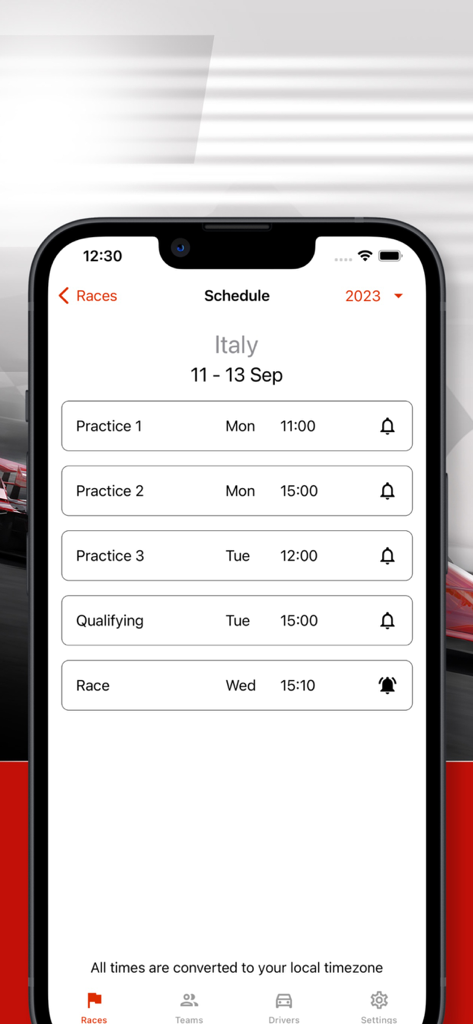 A mobile screenshot of the Formula 2026 app showing the Italy Grand Prix schedule with localized session times and notification icons.