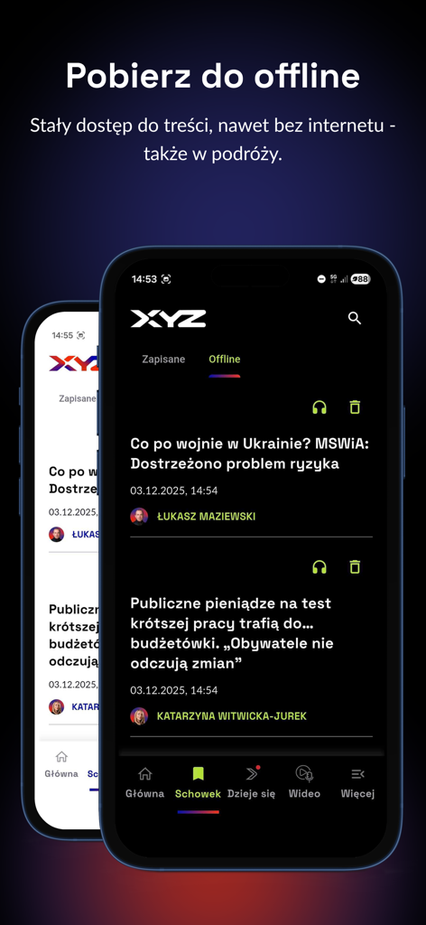 XYZ - Interfaz de la app móvil XYZ mostrando artículos guardados para lectura sin conexión