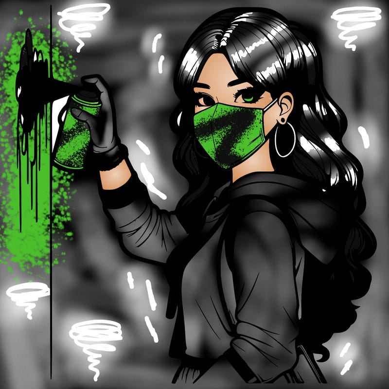 realistic girl with mask spray painting a wall